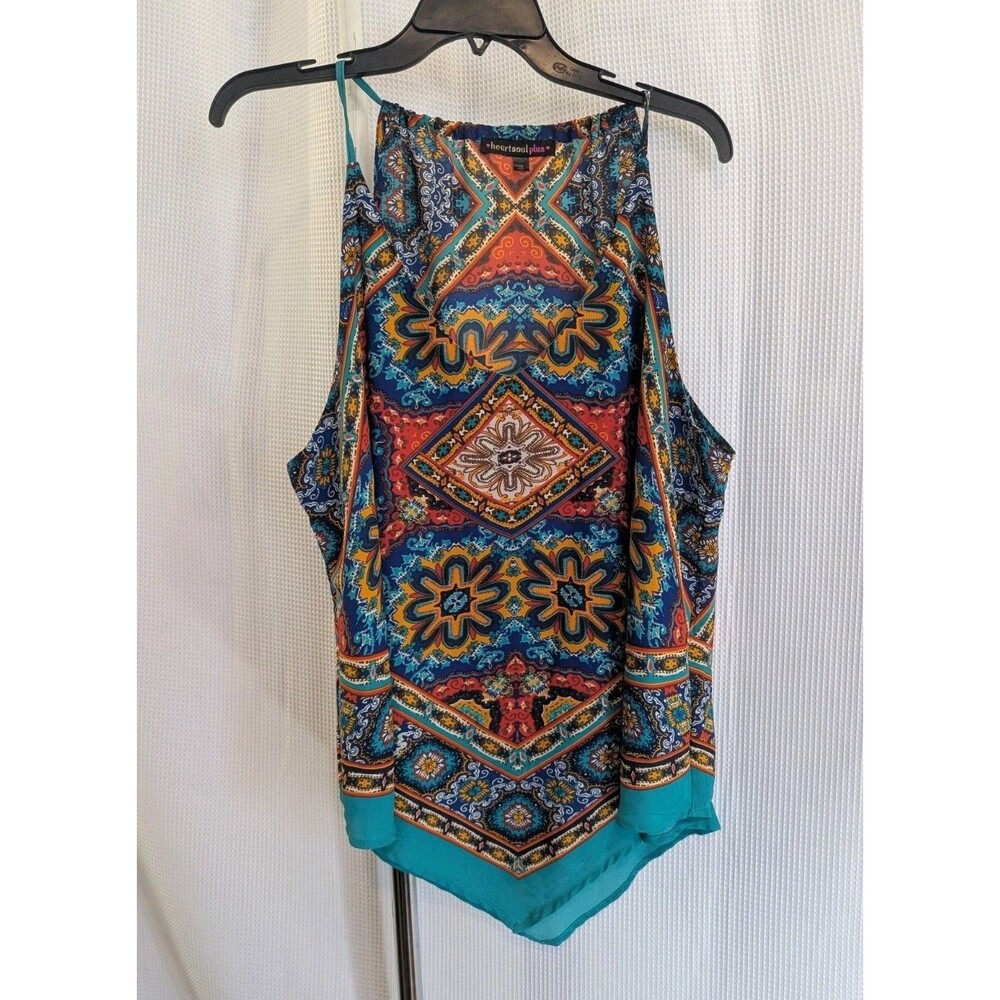 Heart Soul Plus Bandana Tank Colorful Print V-Neck Resort Tropical 1x (B15)